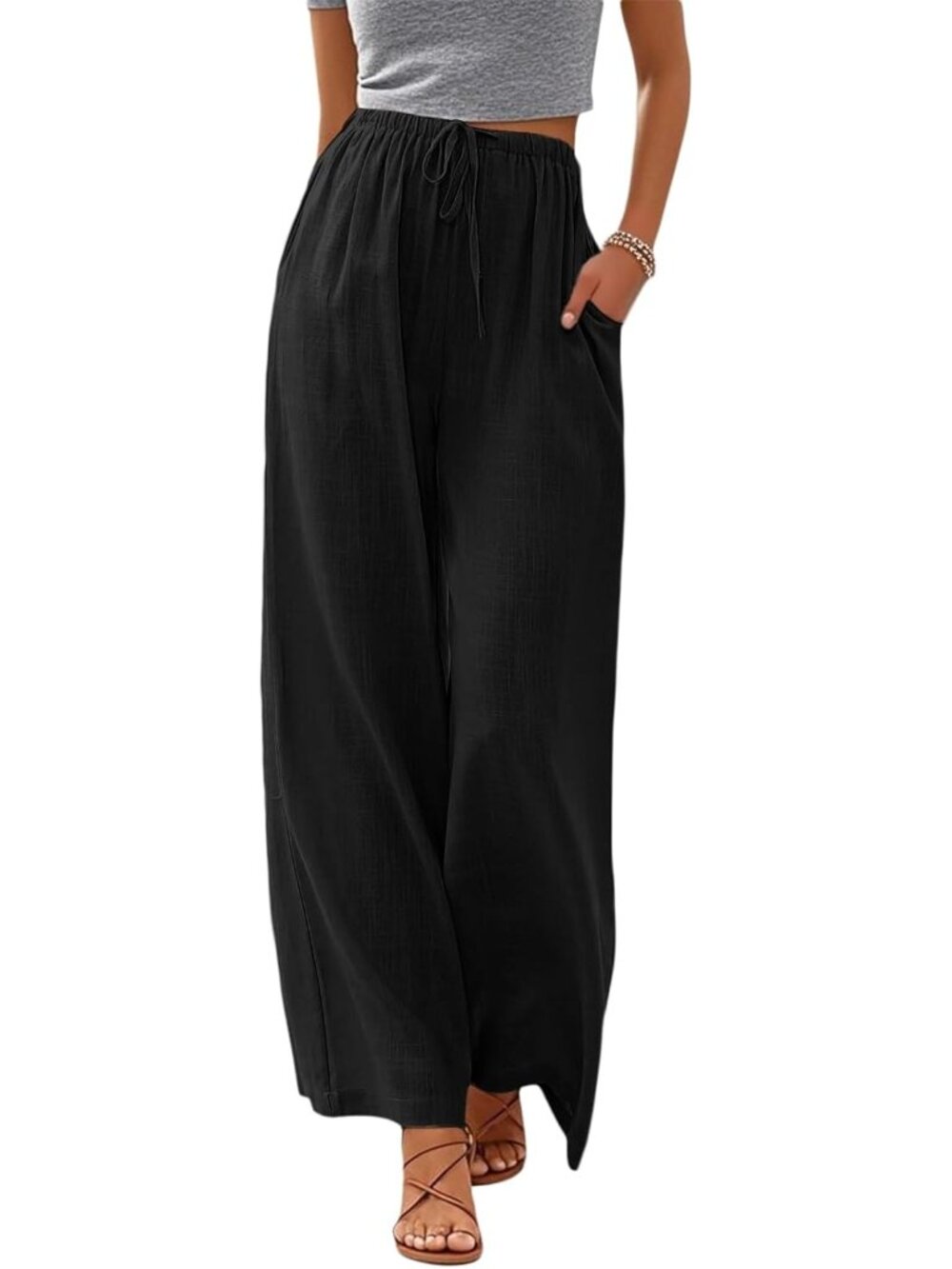 〽️Women Wide Leg Pants Black Polyester Drawstring Summer Comfortable  designed